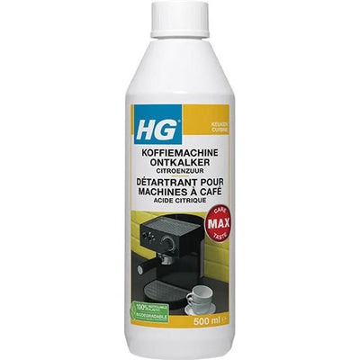 Fles HG koffiemachine ontkalker met citroenzuur en gratis KwastenDiscounter spons – effectief tegen kalkaanslag in koffiemachines
