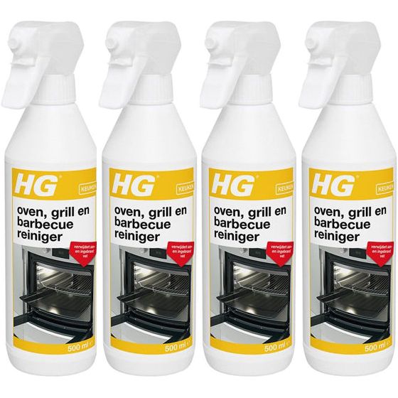 HG oven, grill en barbecuereiniger 500 ml 4 stuks met gratis KwastenDiscounter spons – krachtige reiniger voor oven, grill en barbecue
