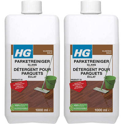 HG Parketreiniger Glans 1 liter, set van 2 stuks – effectieve reiniger voor glanzende parketvloeren met gratis KwastenDiscounter spons
