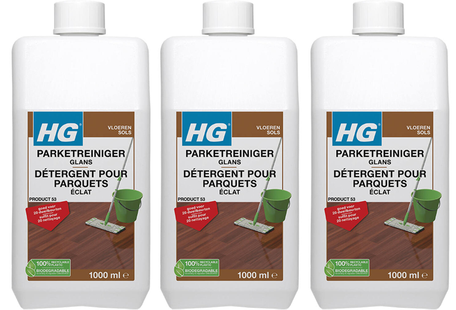 HG Parketreiniger Glans 1 liter, set van 3 stuks – effectieve reiniger voor glanzende parketvloeren met gratis KwastenDiscounter spons
