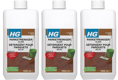 HG Parketreiniger Glans 1 liter, set van 3 stuks – effectieve reiniger voor glanzende parketvloeren met gratis KwastenDiscounter spons
