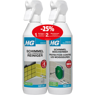 HG Schimmelreiniger en HG Schimmelbeschermer met gratis KwastenDiscounter spons – effectieve schimmelverwijdering en bescherming
