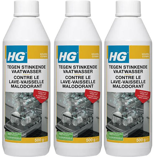 HG Tegen Stinkende Vaatwasser 3 stuks met gratis KwastenDiscounter spons – verwijdert nare geurtjes en reinigt grondig de vaatwasser
