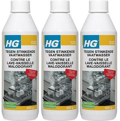 HG Tegen Stinkende Vaatwasser 3 stuks met gratis KwastenDiscounter spons – verwijdert nare geurtjes en reinigt grondig de vaatwasser
