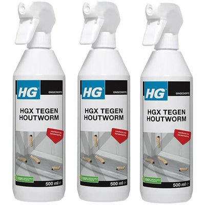 HGX Tegen Houtworm 3 stuks met gratis KwastenDiscounter spons – effectieve behandeling tegen houtworm in meubels en houtwerk
