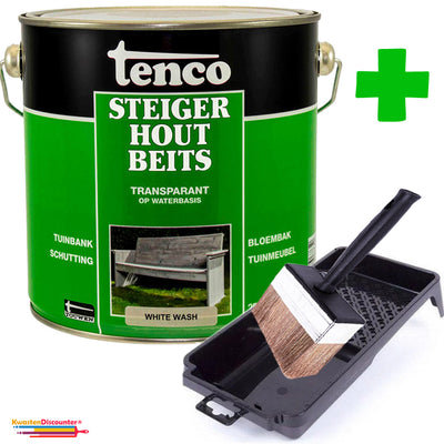 Tenco Steigerhoutbeits White Wash 2,5 liter met beitskwast 12x3 cm en beitsbakje voor optimale houtbeits applicatie
